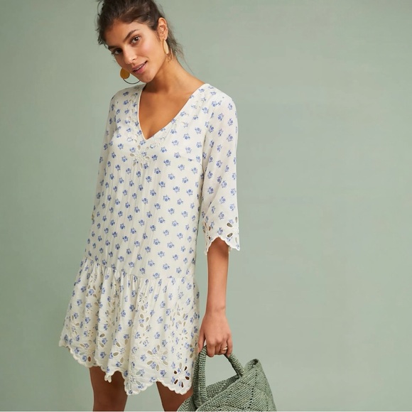 Anthropologie Meadow Rue Cream and Blue Floral Eyelet Tunic Dress 8